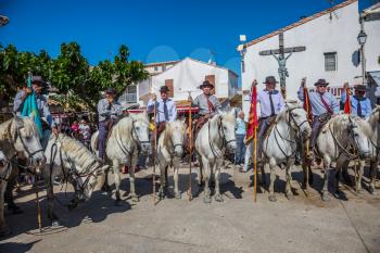 Sent-Mari-de-la-Mer, Provence, France - May 25, 2015. Square in the center of the city. World Festival of Gypsies. Convoy - guards on white horses lined up before the start of parade