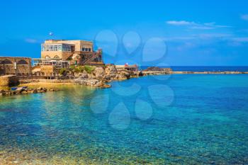 National park Caesarea on the Mediterranean. Israel. The restored castle on the sea spit