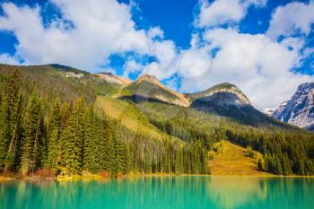 Mountain lake with emerald water surrounded by a pine forest.  Emerald Lake, Canada, Yoho National Park