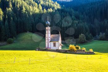  The symbol of the valley Val di Funes - church of Santa Maddalena. Tirol, Dolomites. Forested mountains surrounded by green Alpine meadows. Sunny warm autumn day