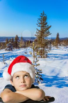 Cold winter sunset. Waiting for the New Year. Waiting for Christmas. Charming boy in a red Santa Claus hat is smiling in a snow-covered winter forest
