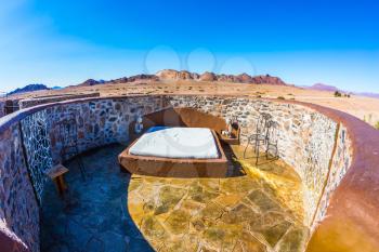 Interior room on the roof - in open air. Hotel fantastic design around the Namib-Naukluft National Park