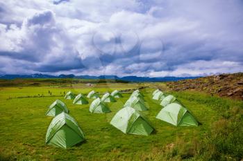 Campground athletes. Green tent on a grassy lawn. July in Iceland