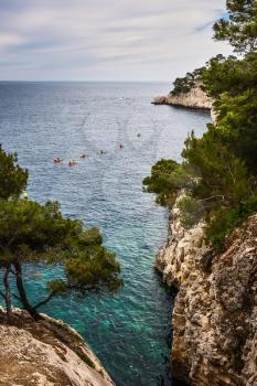 The narrow bays - fjords with rocky steep banks. National Park Calanques on the Mediterranean coast.   Provence, spring