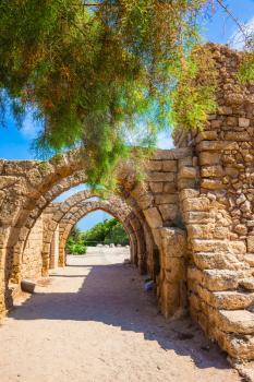 Ancient arched ceiling of stalls. National park Caesarea on the Mediterranean. Israel