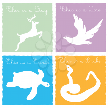 Royalty Free Clipart Image of Cards With a Stag, Dove, Turtle and Snake