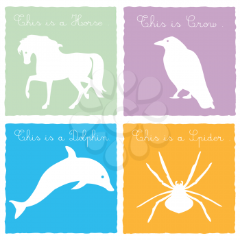 Royalty Free Clipart Image of Animal Cards With a Horse, Crow, Dolphin and Spider