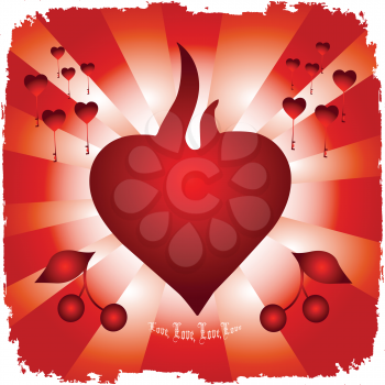Royalty Free Clipart Image of a Fiery Hears and Hearts and Berries Around It