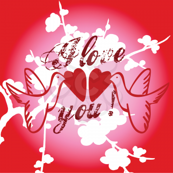 Royalty Free Clipart Image of a Valentine Greeting With Lovebirds Holding Hearts