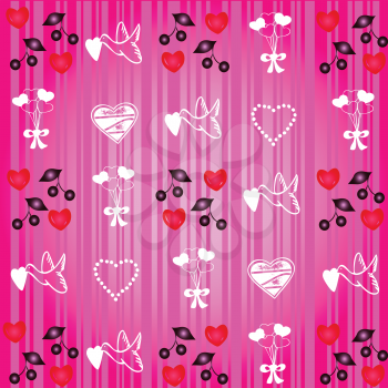Royalty Free Clipart Image of a Valentine Pattern With Hearts and Doves