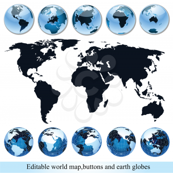 editable world map with buttons and earth globes 