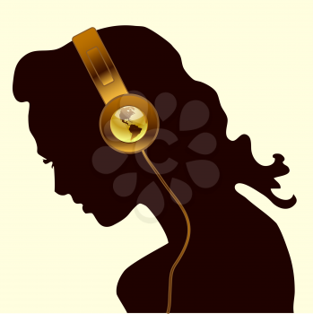 woman silhouette with gold headsets and earth globe