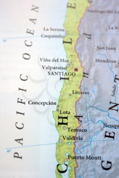 Royalty Free Photo Showing Concepcion and Santiago Chile on a Map