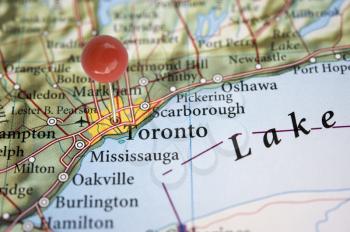 Royalty Free Photo of an Ontario Map With Toronto Pinpointed