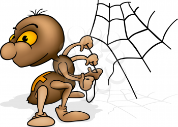 Royalty Free Clipart Image of a Brown Spider Spinning a Web