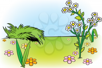Royalty Free Clipart Image of a Grassy Area With Flowers