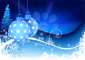 Royalty Free Clipart Image of a Tree and Two Christmas Ornaments on a Swirling Blue Background