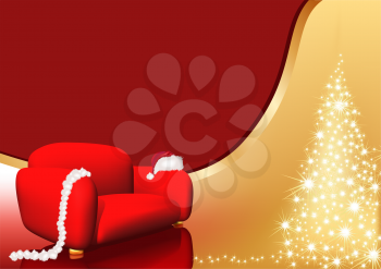 Royalty Free Clipart Image of a Christmas Background With a Gold Tree and Red Chair