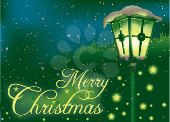 Royalty Free Clipart Image of a Christmas Greeting With an Antique Lamp