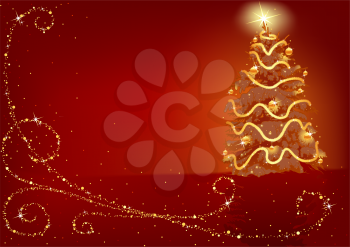 Royalty Free Clipart Image of a Red Christmas Background With a Gold Tree