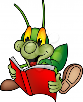 Royalty Free Clipart Image of a Green Bug Reading a Red Book