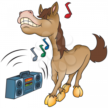 Royalty Free Clipart Image of a Horse Listening to Music