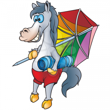 Royalty Free Clipart Image of a Horse With a Beach Umbrella