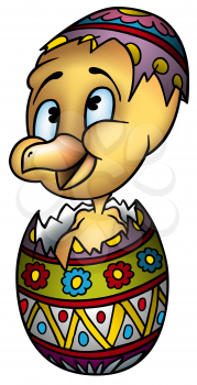 Royalty Free Clipart Image of a Chicken Popping Out of an Easter Egg