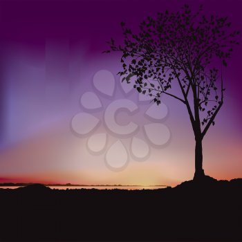 Royalty Free Clipart Image of a Sunrise With a Purple Sky and a Tree