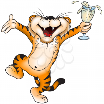 Royalty Free Clipart Image of a Tiger With a Drink