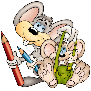 Royalty Free Clipart Image of Two Mice With Pencil Crayons
