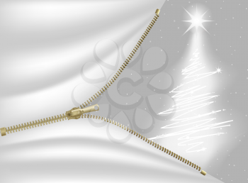 Royalty Free Clipart Image of a Christmas Tree Behind an Open Zipper on Silver