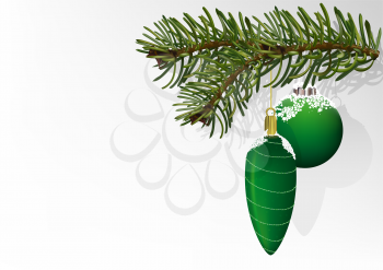 Royalty Free Clipart Image of Ornaments Hanging From a Spruce Branch