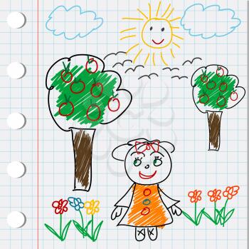 Cartoon doodle drawing with gril, flowers and trees