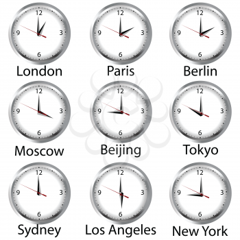 Timezone clock. Clocks showing the time around the world.