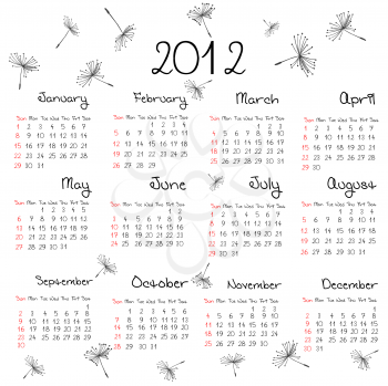 Royalty Free Clipart Image of a 2012 Calendar With Dandelions
