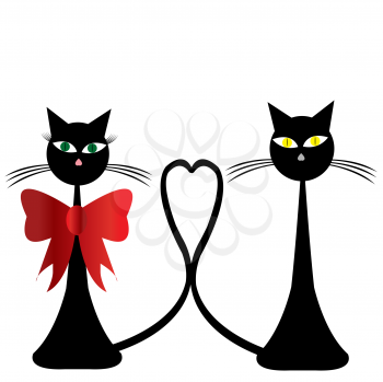 Royalty Free Clipart Image of a Two Black Cats With Tails Entwined as a Heart