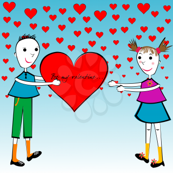 Royalty Free Clipart Image of a Boy Giving a Girl a Valentine