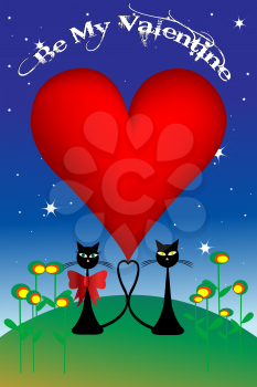 Royalty Free Clipart Image of Two Cats and a Heart on a Valentine Greeting