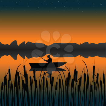 Night landscape with man on a boat