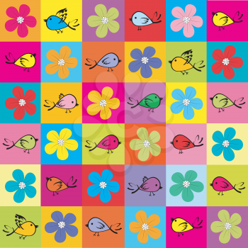 Pattern with colored birds and flowers