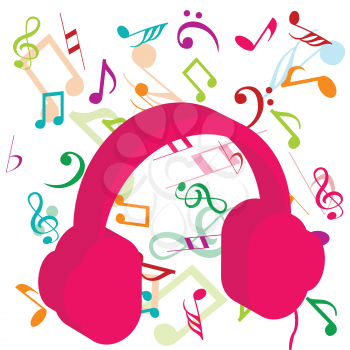 Pink headphones on background with musical notes