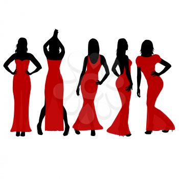 Royalty Free Clipart Image of Silhouetted Woman in Red Dresses