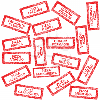 Restaurant menu, rubber stamps with pizza types