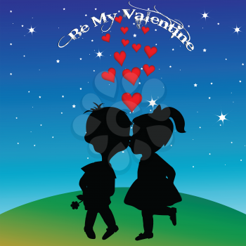 Boy and girl silhouettes kissing