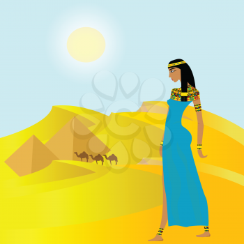Egyptian background with ancient woman and pyramids