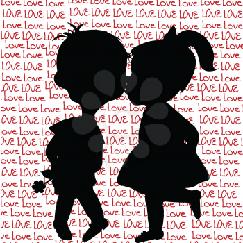 Card with cartoon silhouettes of a boy and a girl kissing