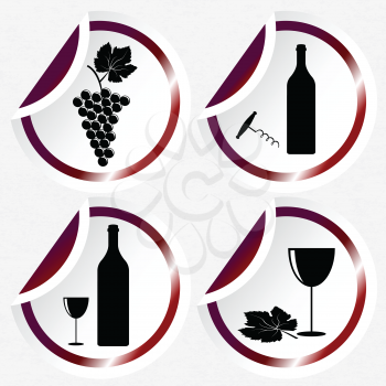 Vintage wine icons on round stickers with curved corner