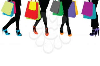 Women silhouettes legs with high heels and shopping bags and place for text