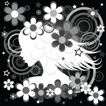 Abstract black and white backgrund with woman profile, flowers and circles